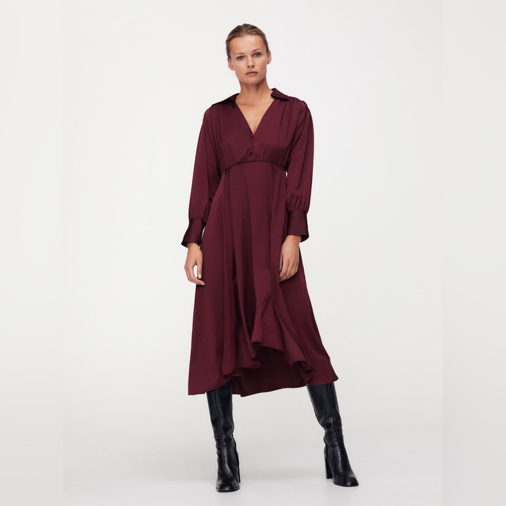 Zara Burgundy Satin Effect Midi Dress
